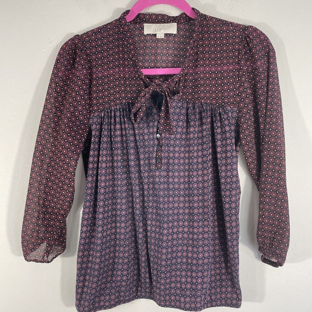 Ann Taylor Loft Blouse Women’s Sz XS Black Multicolor Tie Collar 3/4 Sleeve Top